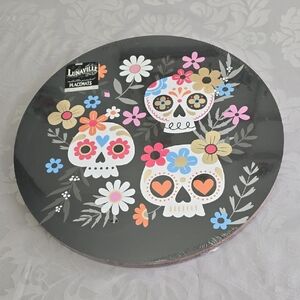 New Sealed Lunaville Metallic Printed Skull Floral Set Of 4 Placemats 15" Round